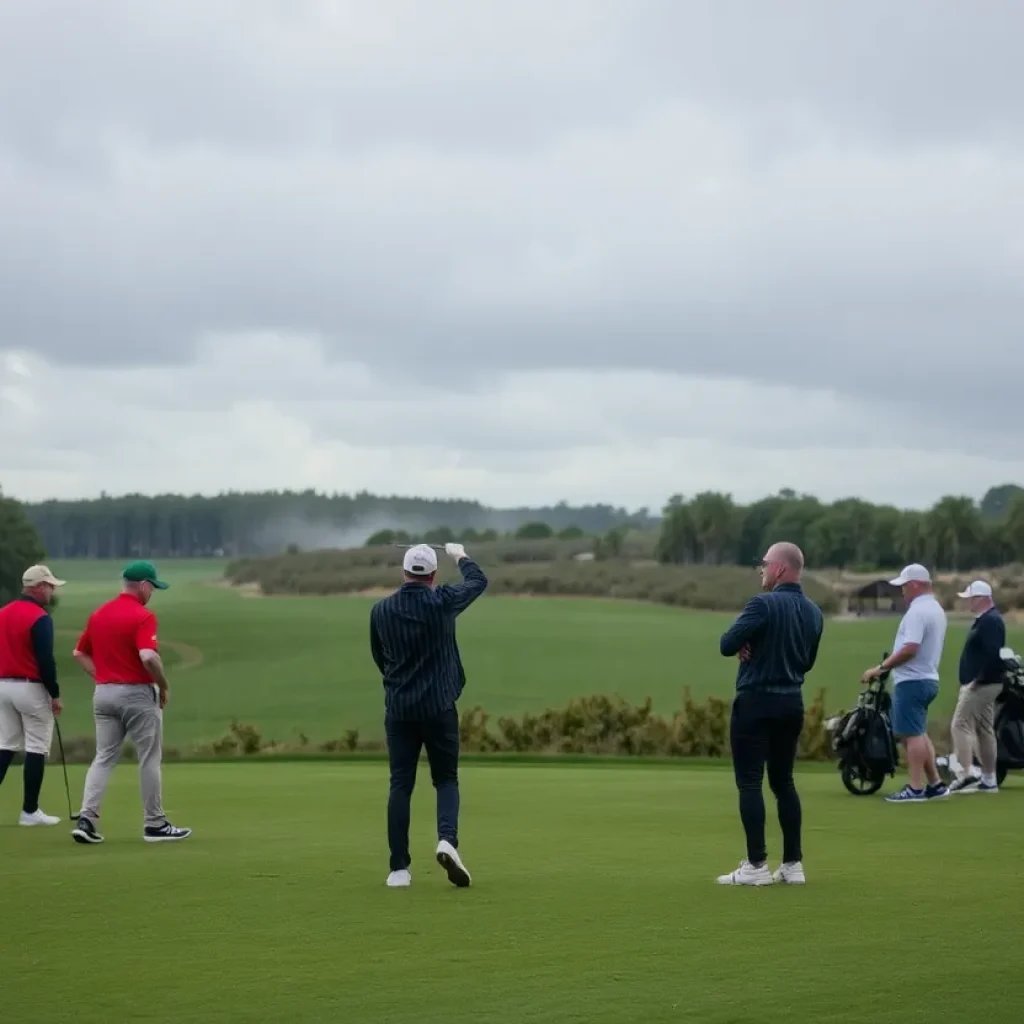 Team of golfers in raingear on a golf course during a 24-hour challenge