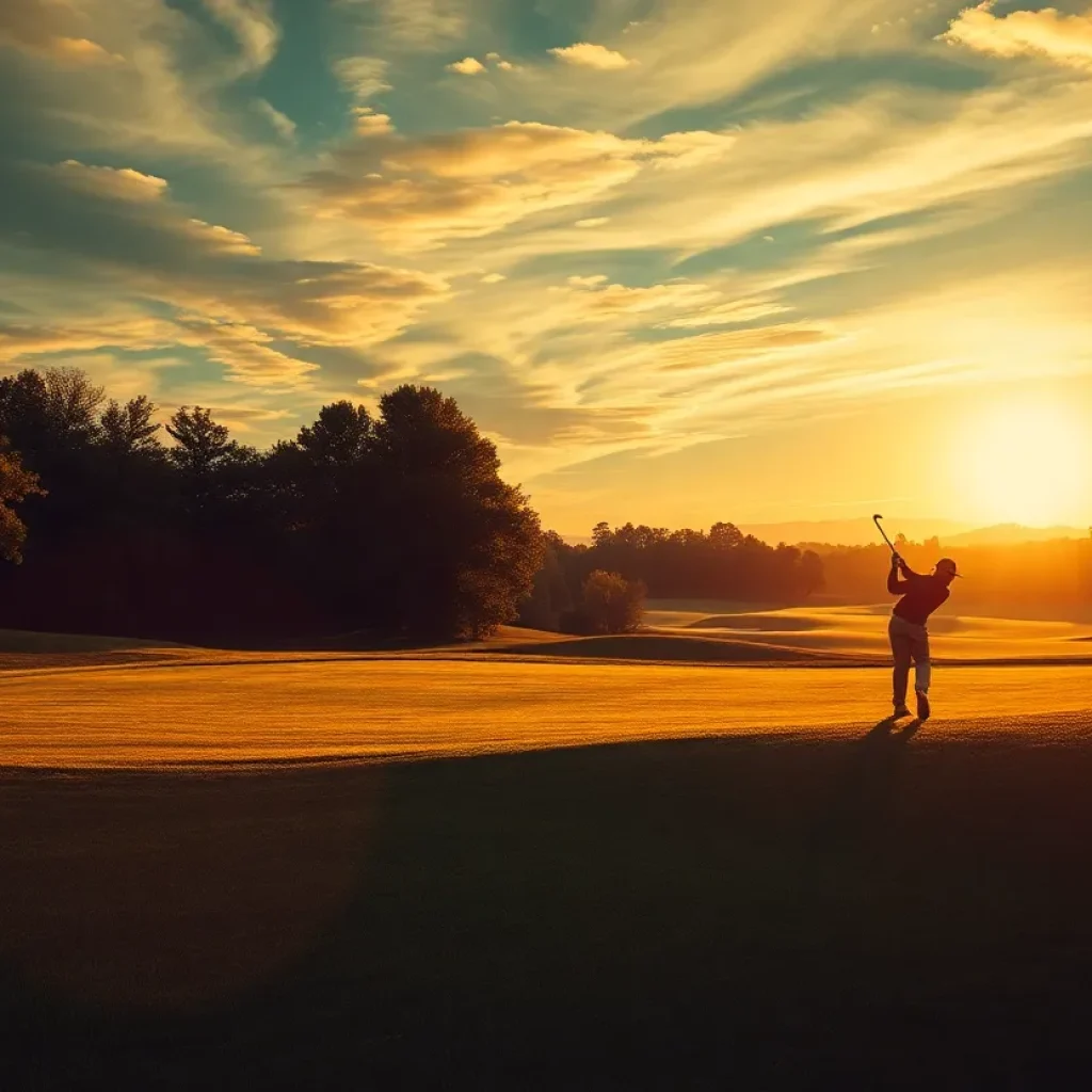 A beautiful golf course landscape bathed in golden hour light