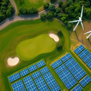 Aerial view comparing a golf course to renewable energy sources like solar panels and wind turbines.