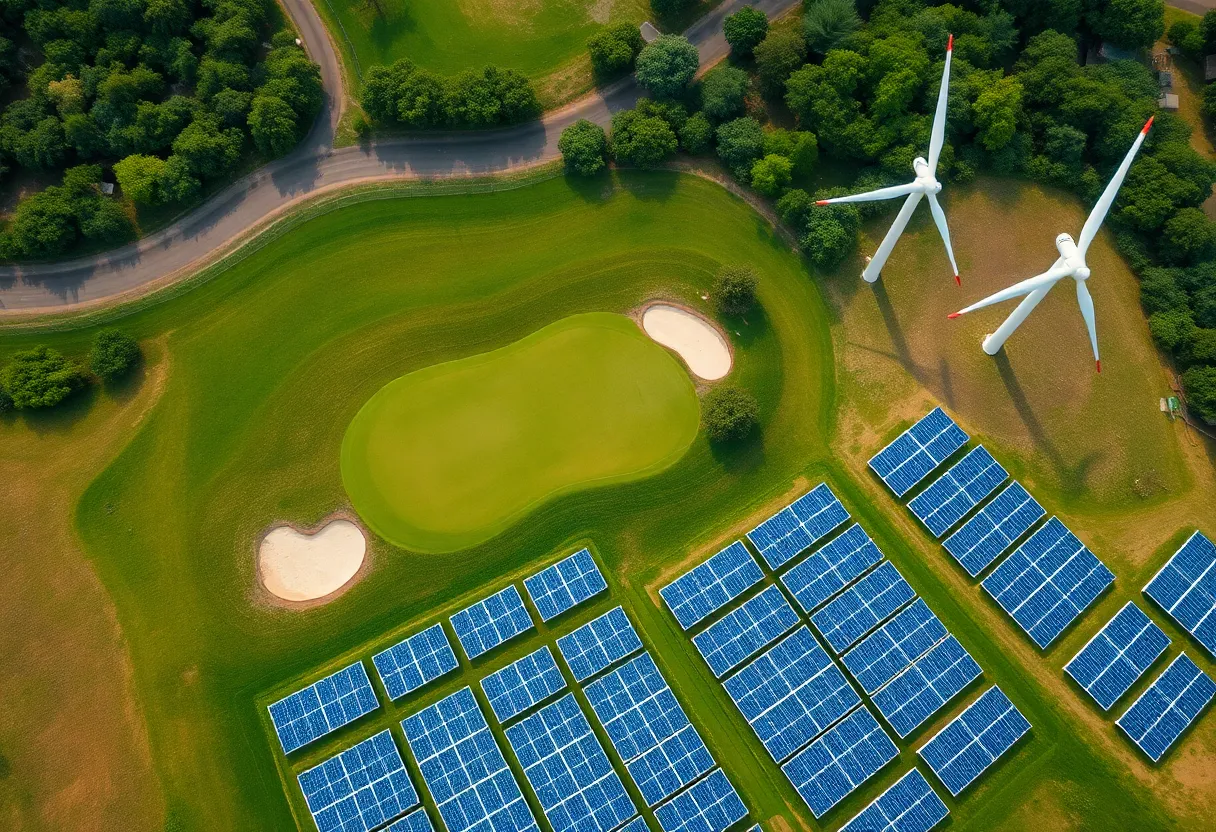 Aerial view comparing a golf course to renewable energy sources like solar panels and wind turbines.