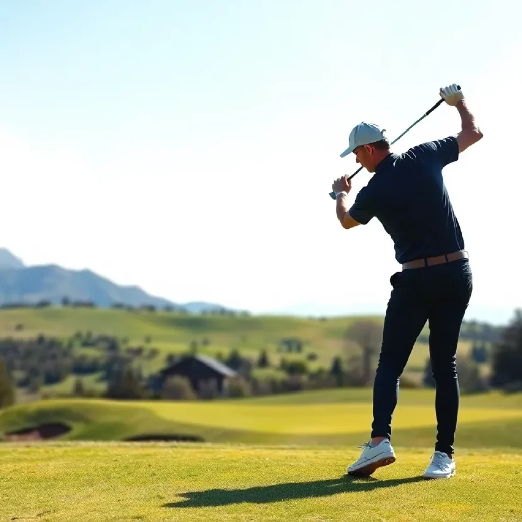 Golfers teeing off at a beautiful golf course during sunset