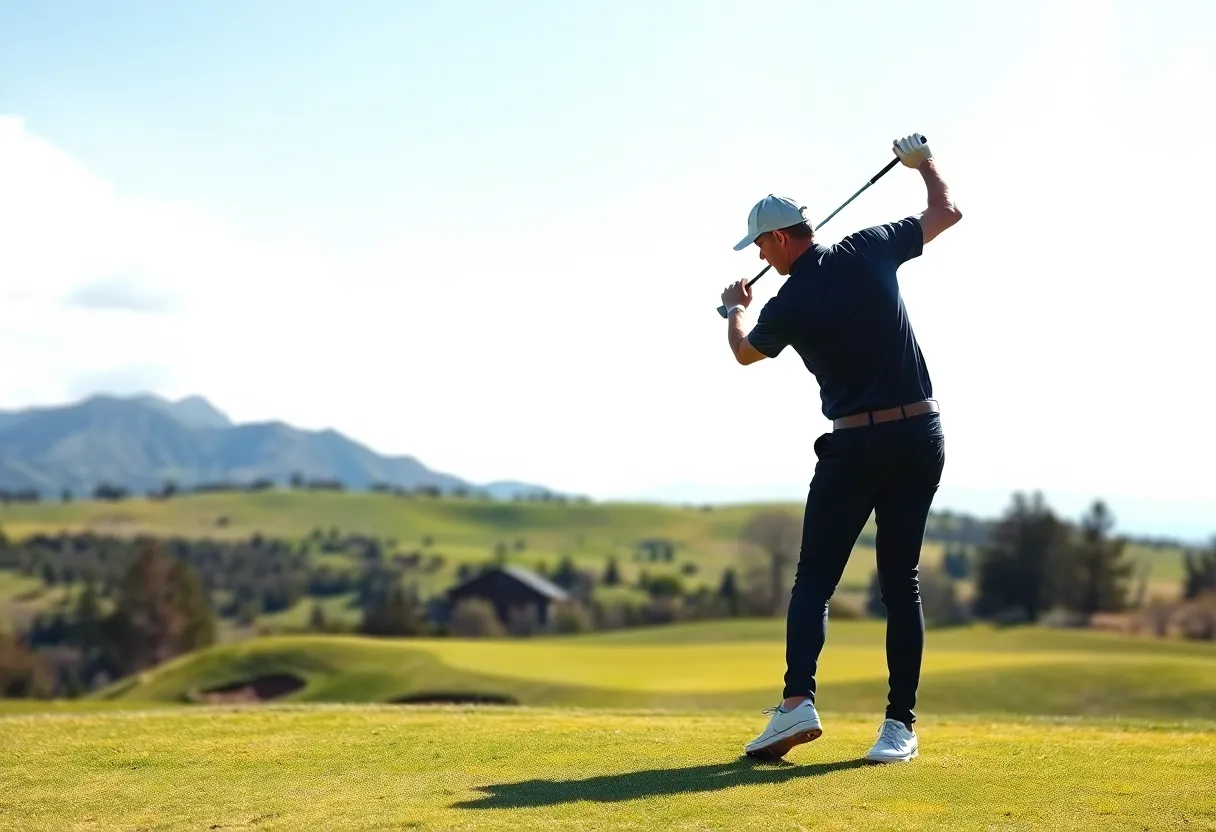 A scenic view of a professional golf course at sunset with players and spectators.