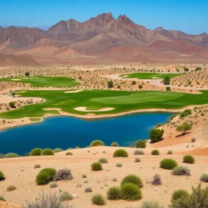 A panoramic view of lush golf courses surrounded by ocean and mountains.