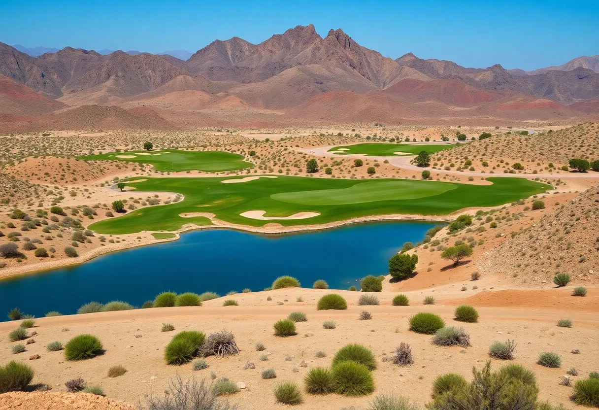 A panoramic view of lush golf courses surrounded by ocean and mountains.