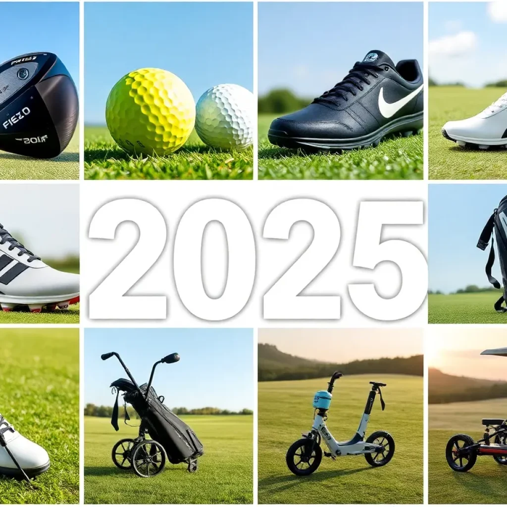 Showcase of innovative golf gear for 2025 including clubs, balls, and apparel.