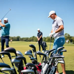 Display of golf clubs available for rental on a course