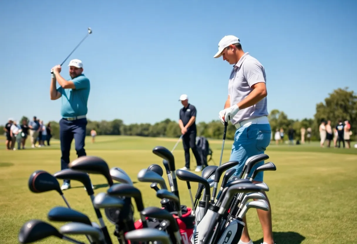 Display of golf clubs available for rental on a course