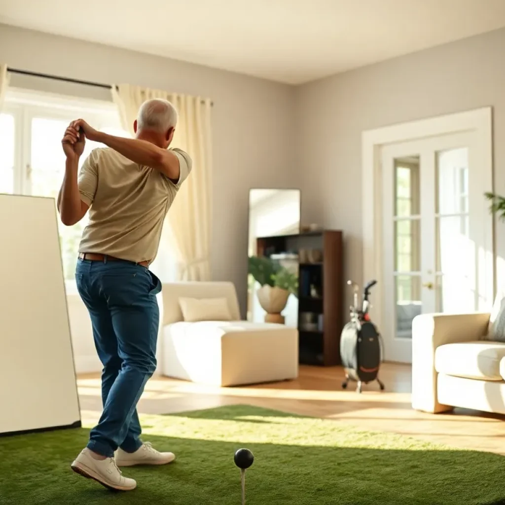 A golfer practicing their swing in front of a mirror at home