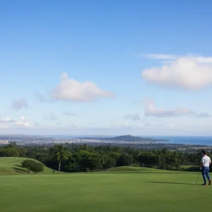 Lush golf course with golfers playing under clear skies