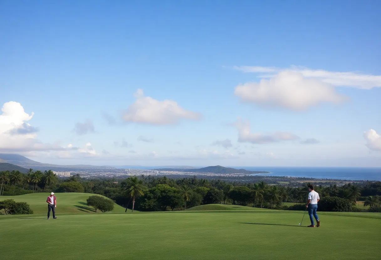 Lush golf course with golfers playing under clear skies