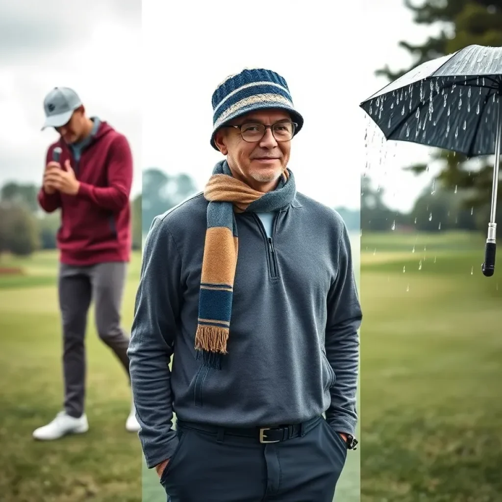 A golfer wearing suitable gear for various weather conditions on a golf course.