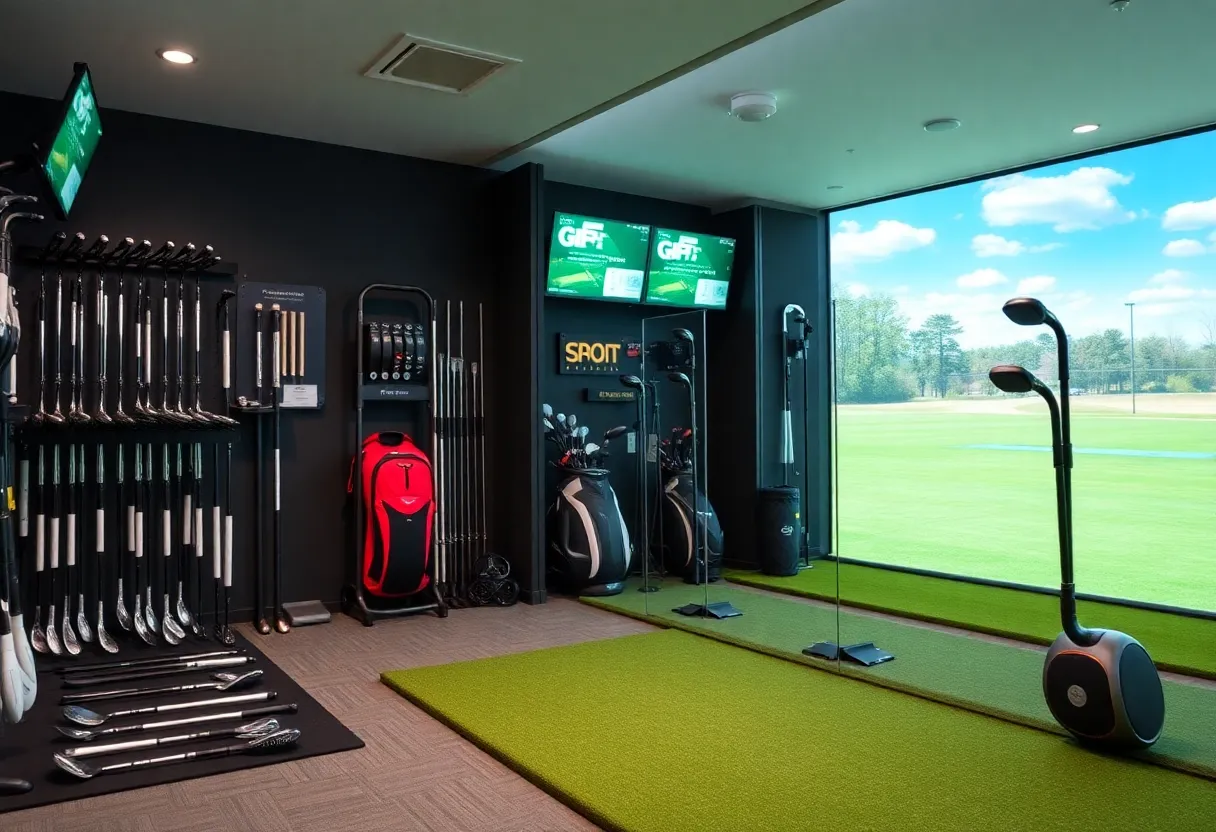 Golf clubs and universal adapters displayed in a fitting studio.