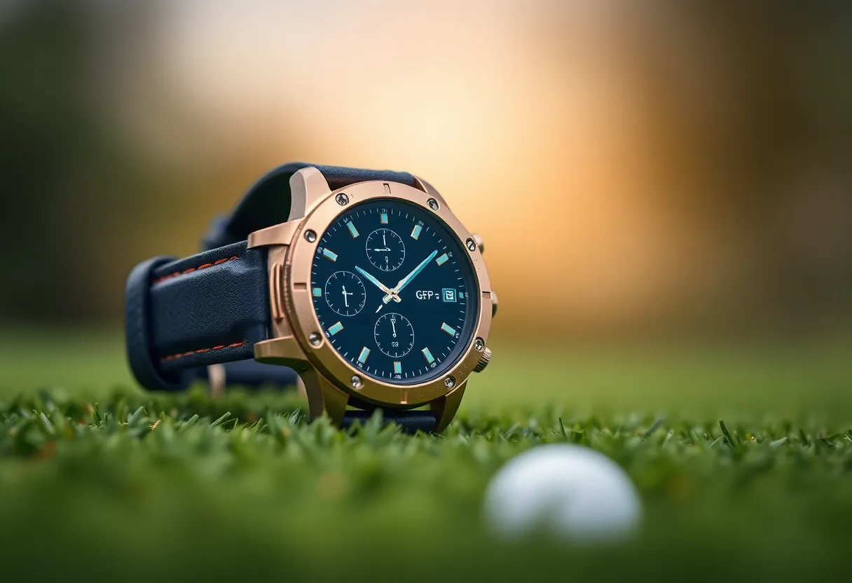 Golf watch displaying GPS features on a golf course