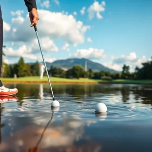 Golfer playing on a golf course with recovered golf balls visible.