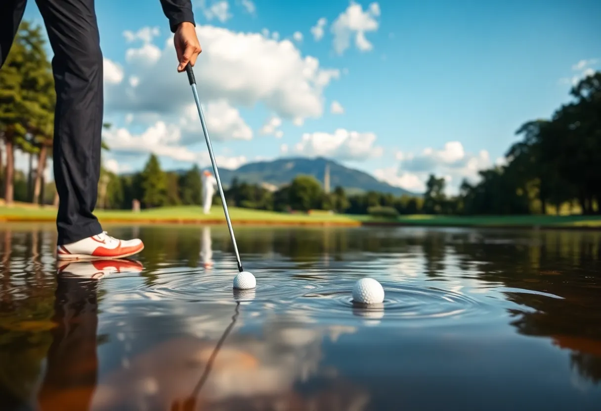 Golfer playing on a golf course with recovered golf balls visible.