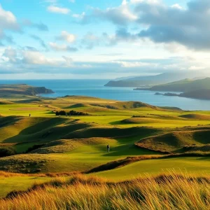 Scenic view of a hidden golf course in Scotland or Ireland with rolling hills and blue sky