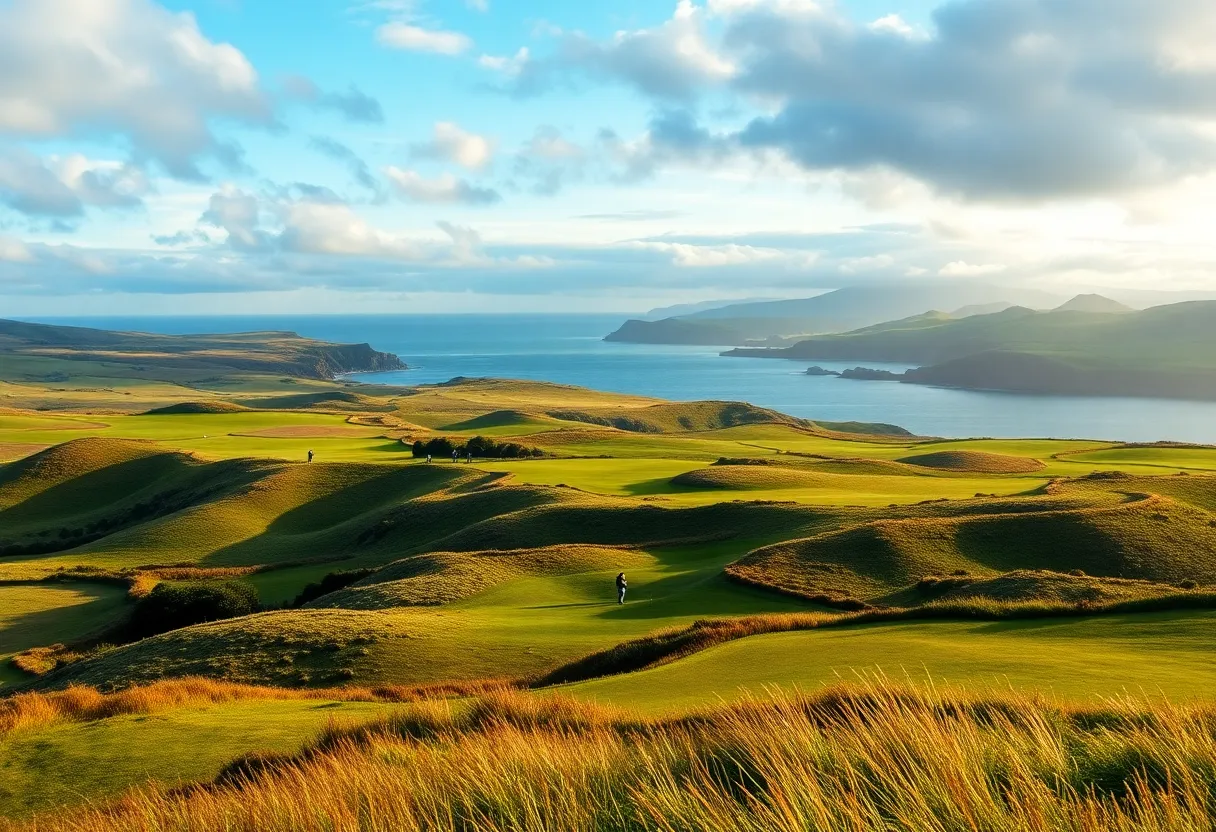 Scenic view of a hidden golf course in Scotland or Ireland with rolling hills and blue sky