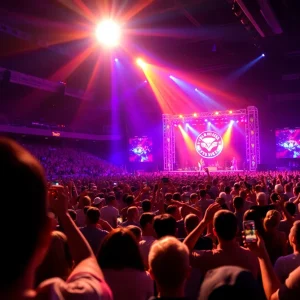 Audience enjoying a concert at Amalie Arena with colorful lights