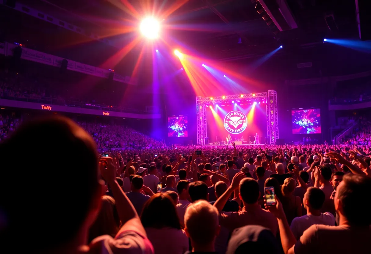 Audience enjoying a concert at Amalie Arena with colorful lights