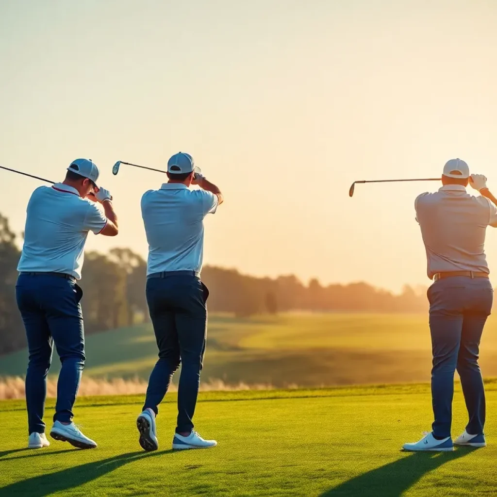 Scenic view of a golf course with players in action