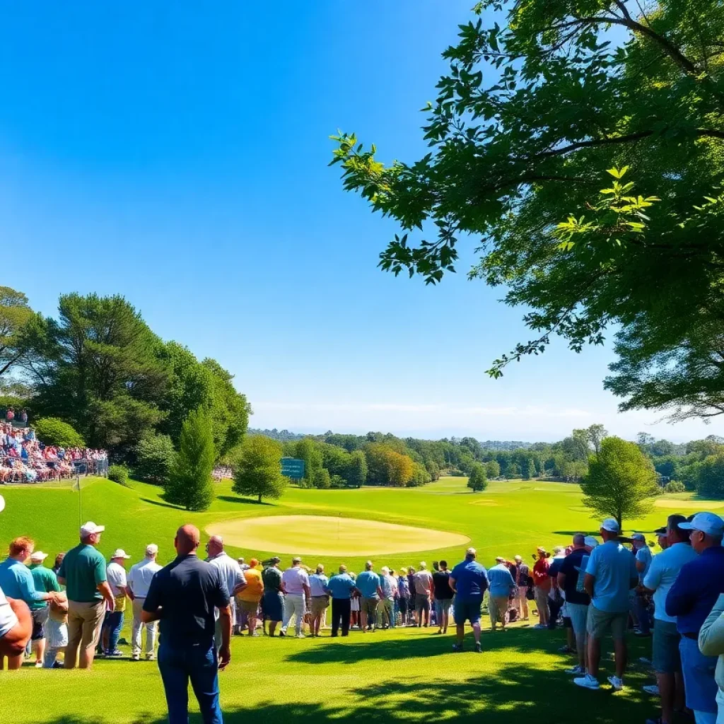 Golfers playing at a tournament with fans cheering