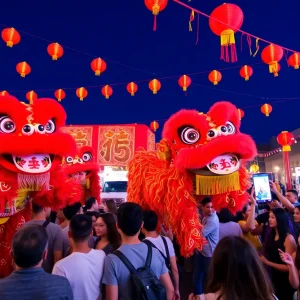 Celebration of Lunar New Year with vibrant decorations and lion dances.