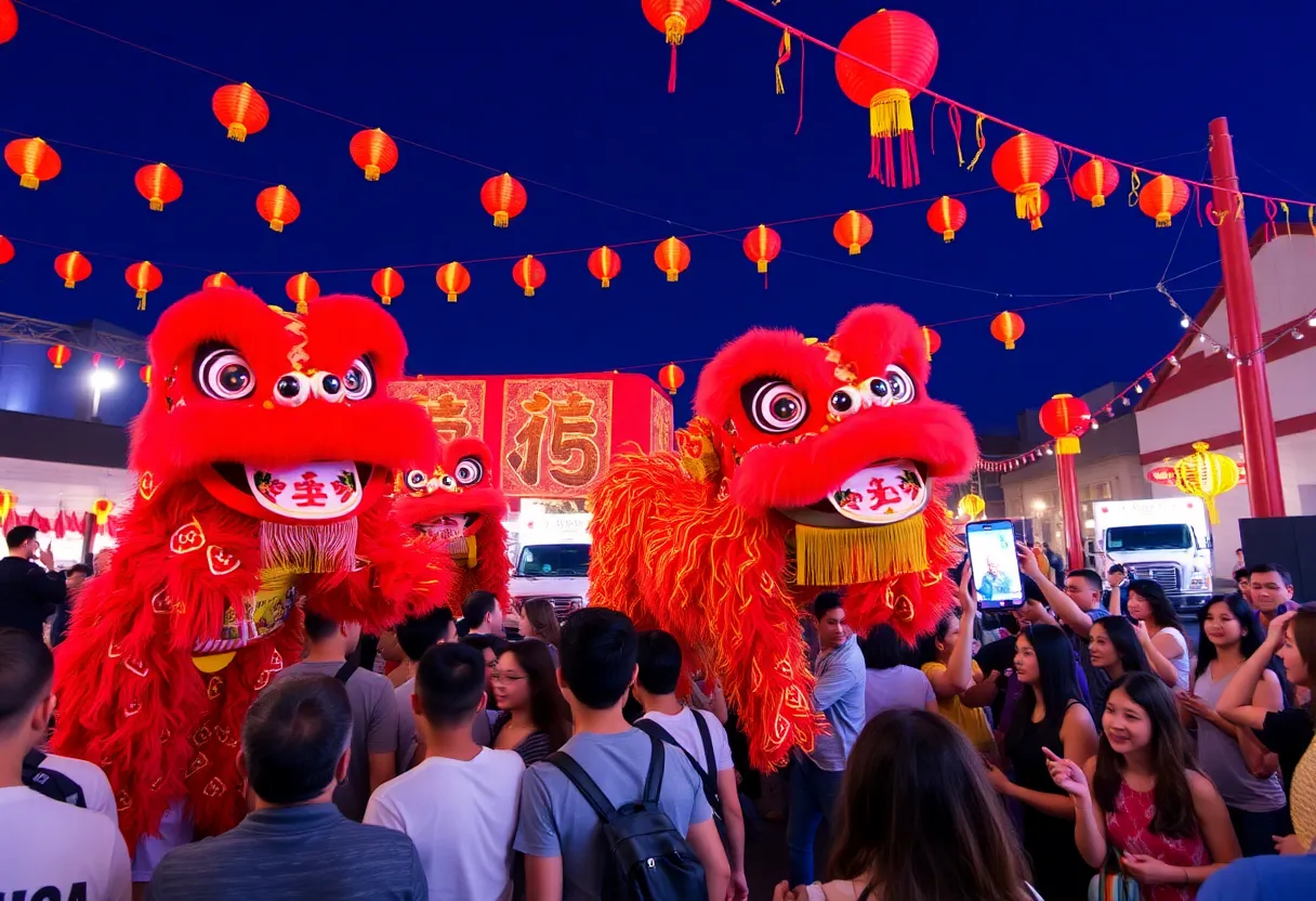 Celebration of Lunar New Year with vibrant decorations and lion dances.