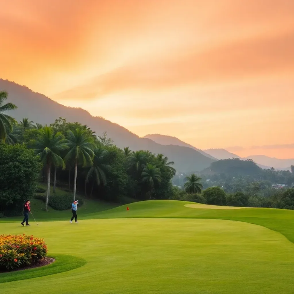 A golf course set in Central Vietnam with lush greenery and mountains