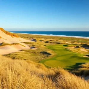 A picturesque view of the new golf course featuring sandy dunes and coastal scenery.