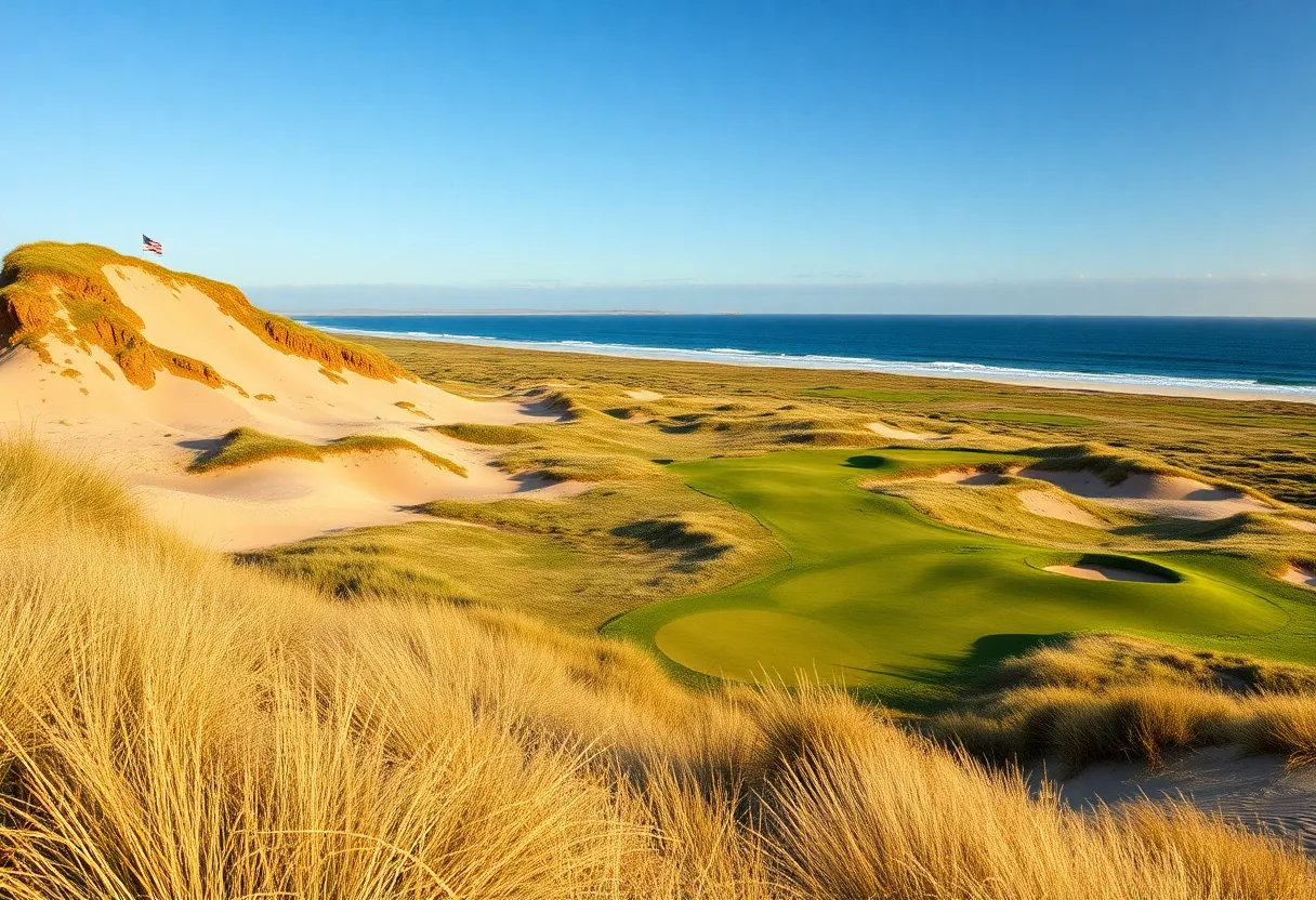 A picturesque view of the new golf course featuring sandy dunes and coastal scenery.