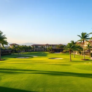 View of a luxurious resort with golf course and leisure activities.