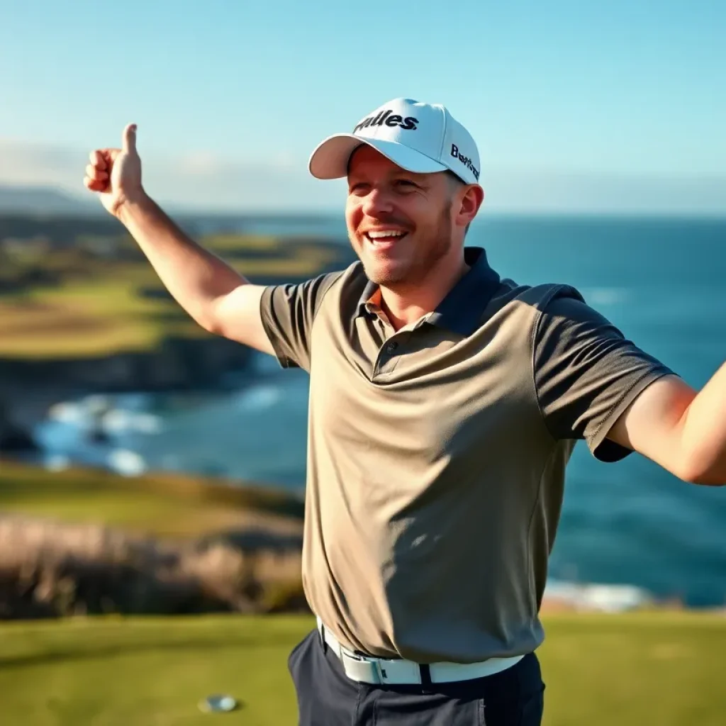 Rory McIlroy celebrating his win at Pebble Beach