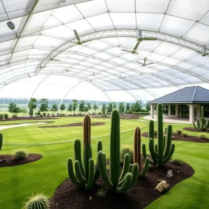 Futuristic indoor golf facility with domes