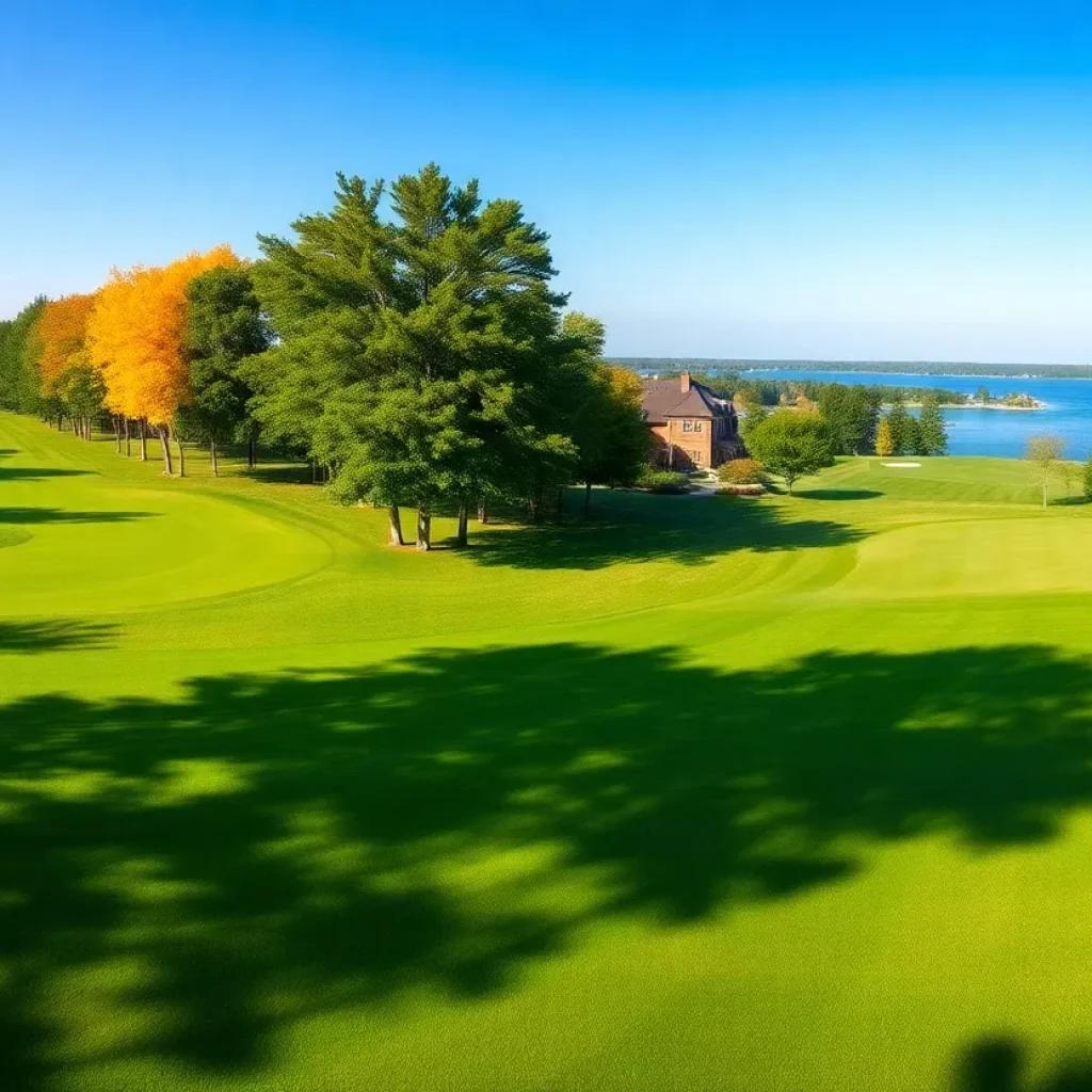 Scenic view of a Michigan golf course with golfers on the fairway