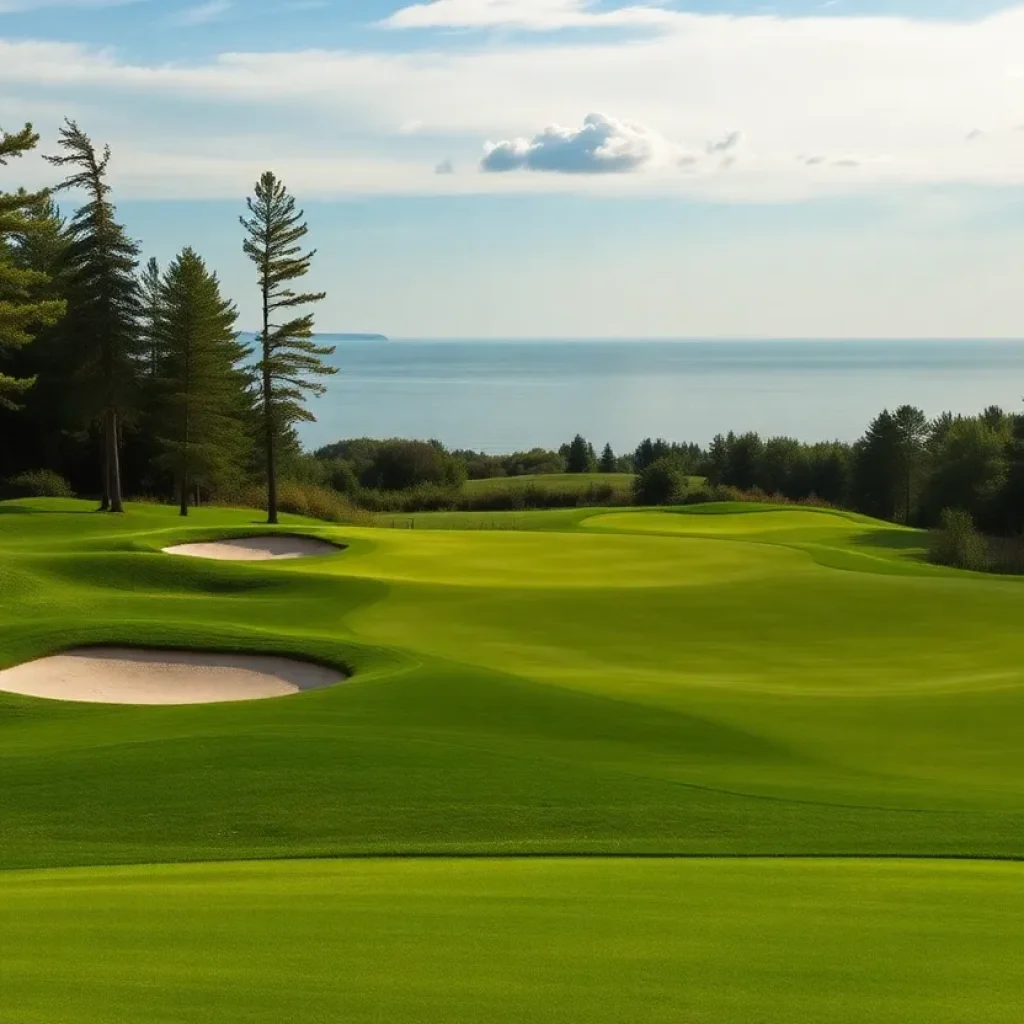 A panoramic view of a golf course in Michigan with lush green fairways and a lake in the background.