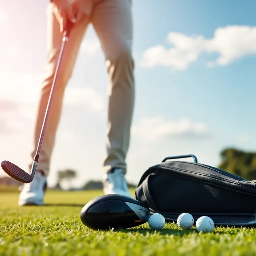 A golfer using the latest golf equipment outdoors, including high-tech clubs and GPS devices.