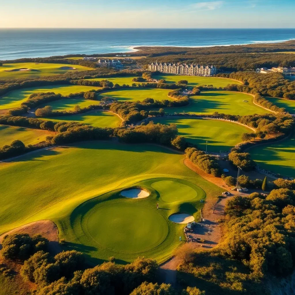 Golf course landscape at Mornington Peninsula showing lush greens and coastal views.