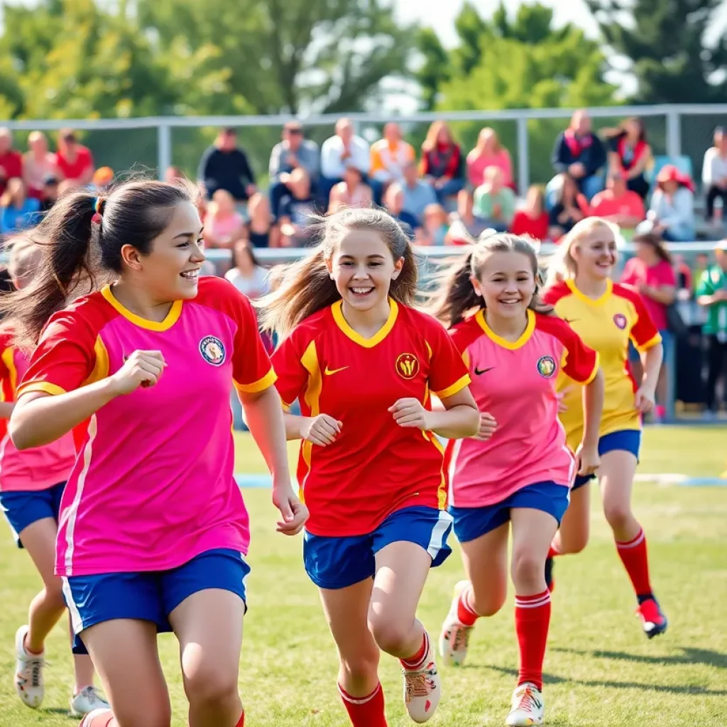 Young female athletes playing flag football in Pasco County