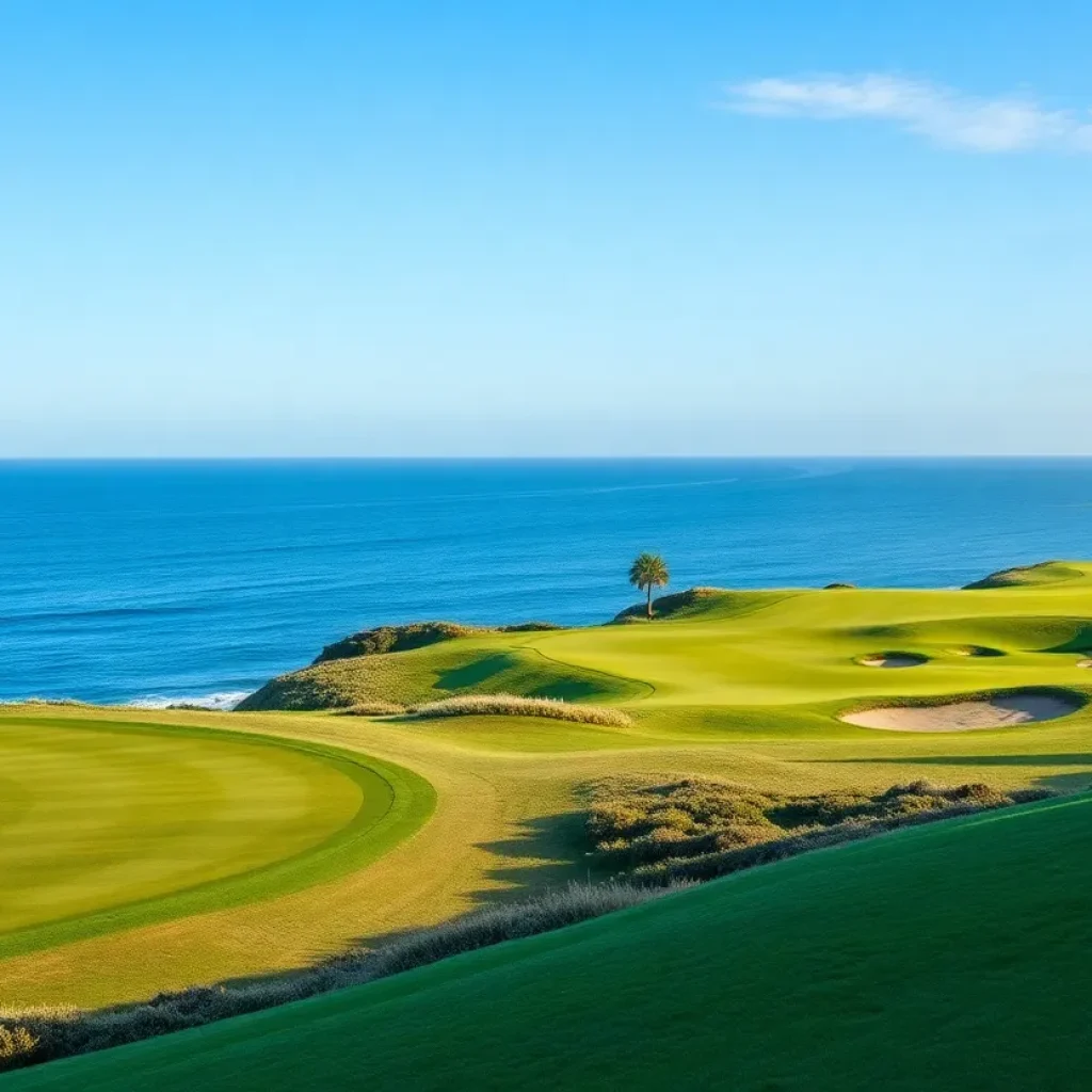 View of Pebble Beach Golf Course with golfers in action