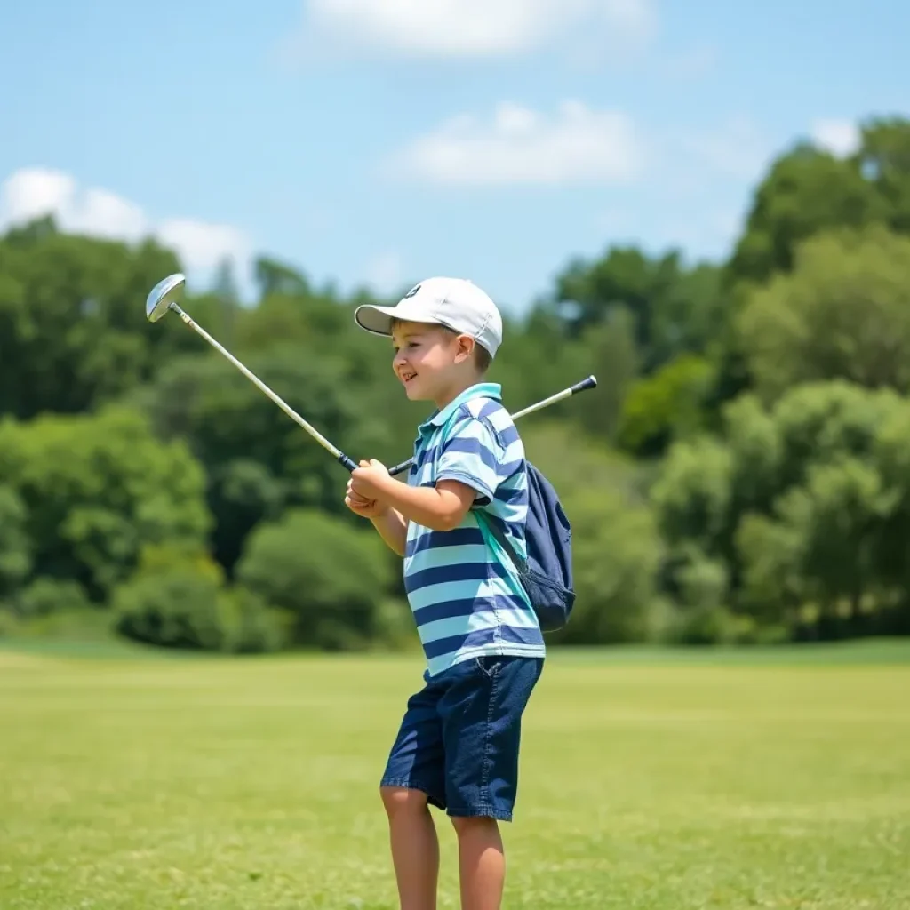 A view of a golf course with maintenance and players practicing