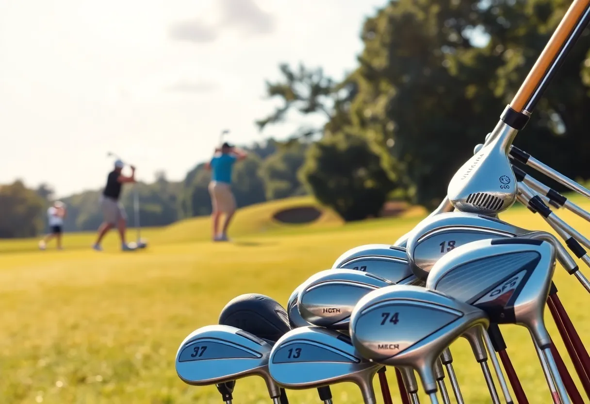 Golfer pondering equipment choice on the golf course