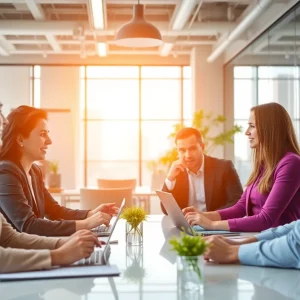 Corporate team discussing strategy in a bright office