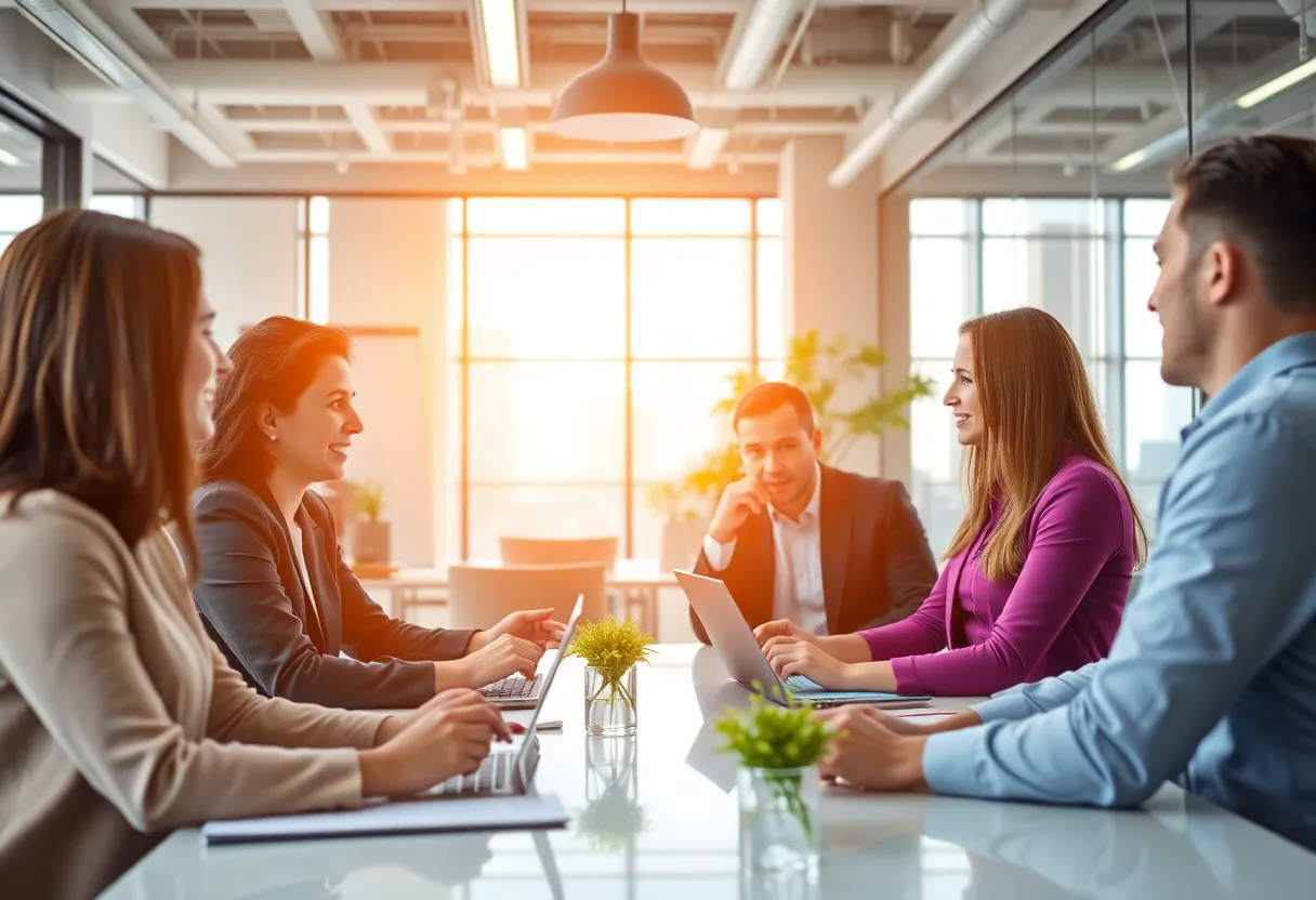 Corporate team discussing strategy in a bright office