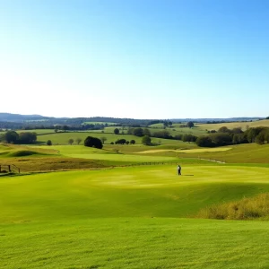 A beautiful landscape of a golf course in England with lush fairways and bunkers.