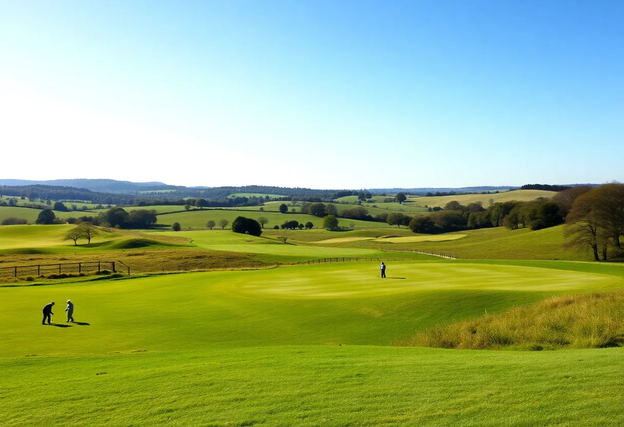 A beautiful landscape of a golf course in England with lush fairways and bunkers.