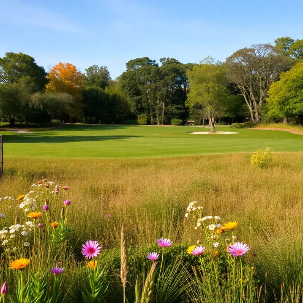 A lush, natural landscape where a golf course once stood, featuring vibrant wildflowers and diverse ecosystems.