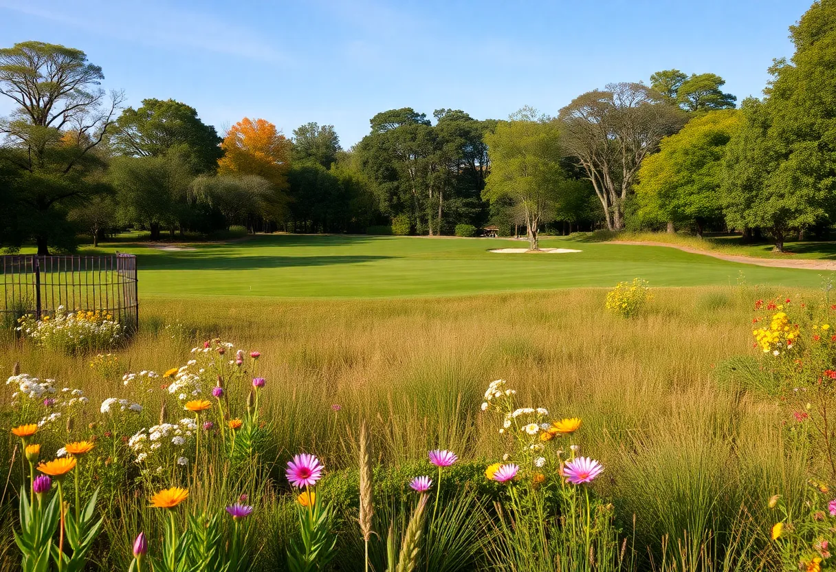 A vibrant ecosystem of a rewilded golf course with diverse plant life and wildlife