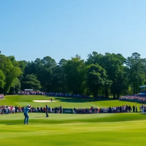 Golf tournament scene with players and spectators at a beautiful course