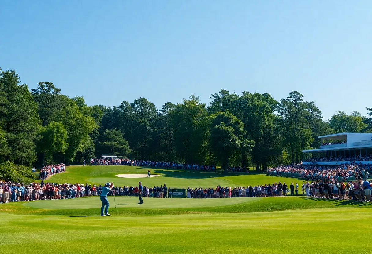 Golf tournament scene with players and spectators at a beautiful course