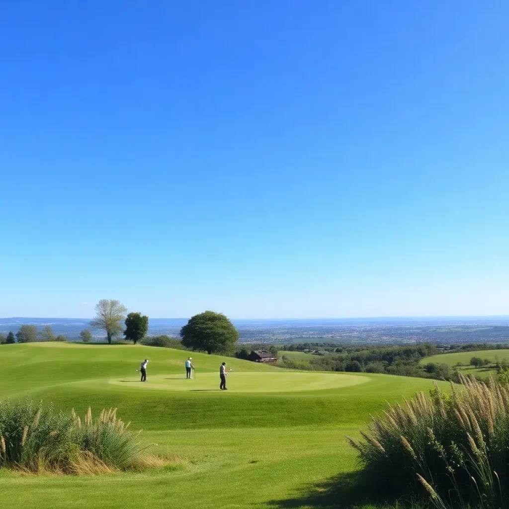 A panoramic view of a picturesque golf course in Europe during sunset.